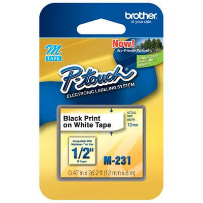 Fita M-231 p/ Rotulador Brother 12mm Preto/Branco