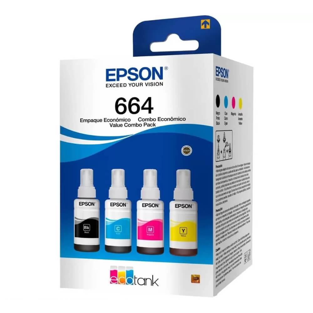 Kit 4 Garrafas Epson T664 para Ecotank 4 cores T664520-4P - CartuchoNet