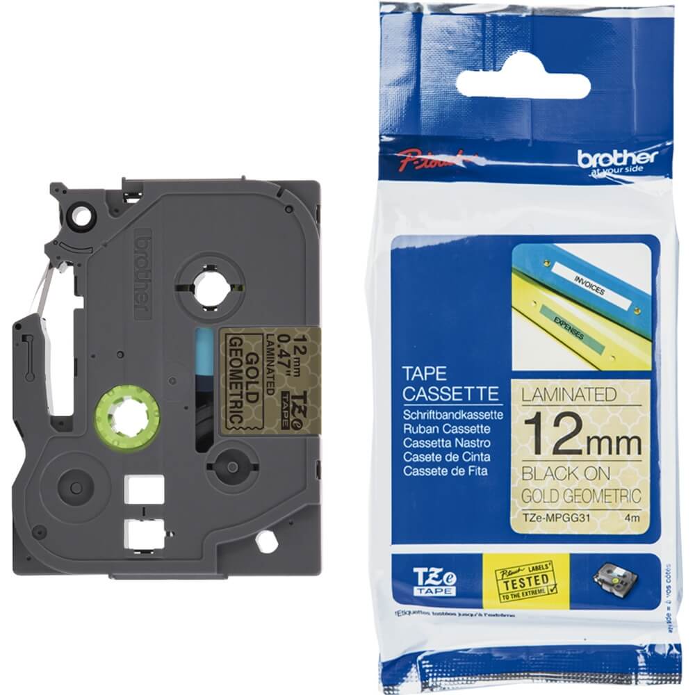 Fita Brother TZE-MPGG31 12mm Preto sobre Ouro Geométrico - CartuchoNet