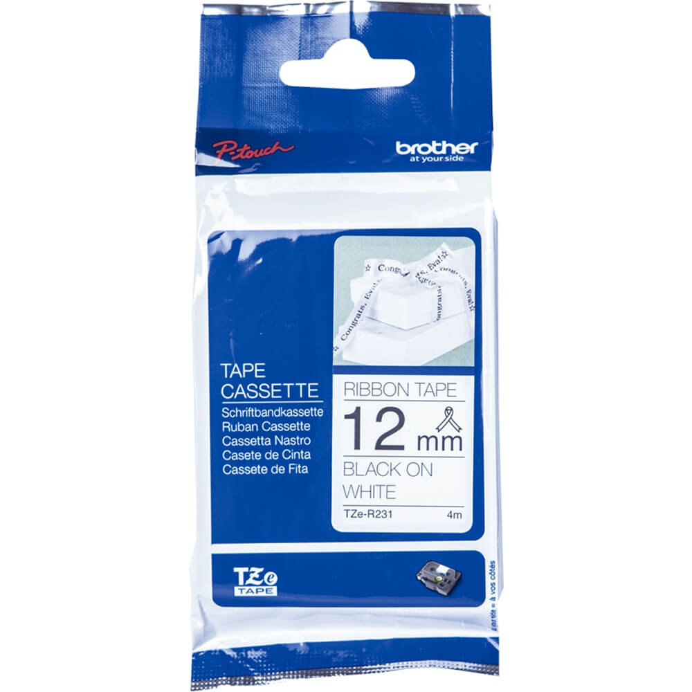 Fita Brother TZE-R231 12mm Preto sobre Cetim Branco