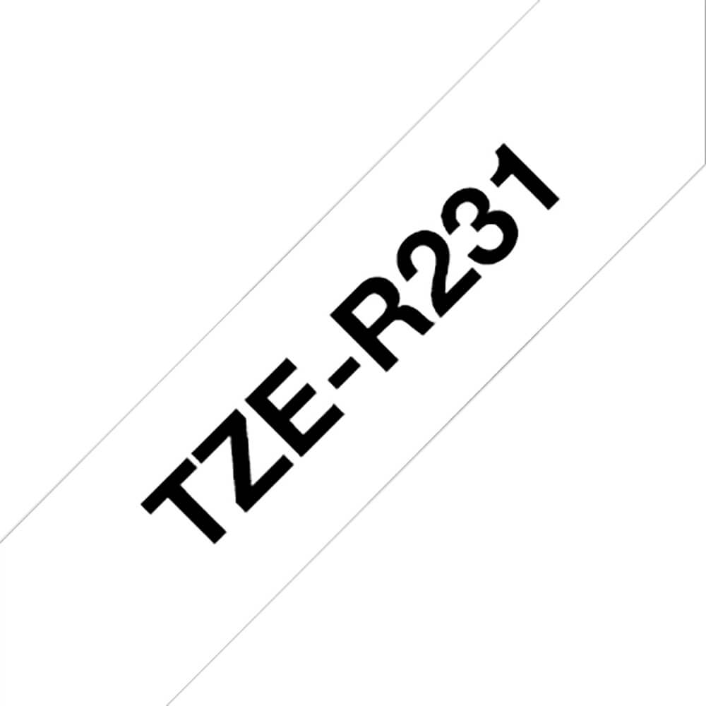Fita Brother TZE-R231 12mm Preto sobre Cetim Branco