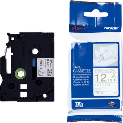 Fita Brother TZE-R234 12mm Ouro sobre Cetim Branco