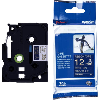 Fita Brother TZE-RN34 12mm Ouro sobre Cetim Azul Marinho - CartuchoNet
