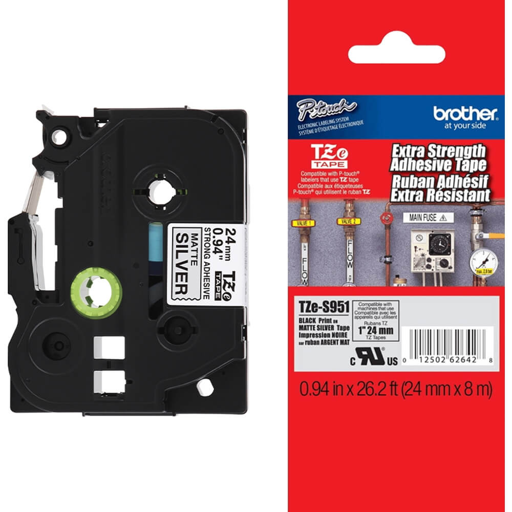 Fita Brother TZE-S951 24mm Preto sobre Prata Fosco Industrial