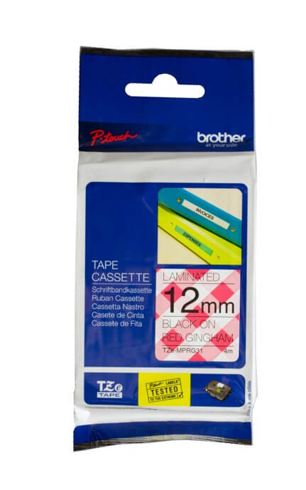 Fita Brother TZE-MPRG31 12mm Preto sobre Vermelho Xadrez - CartuchoNet