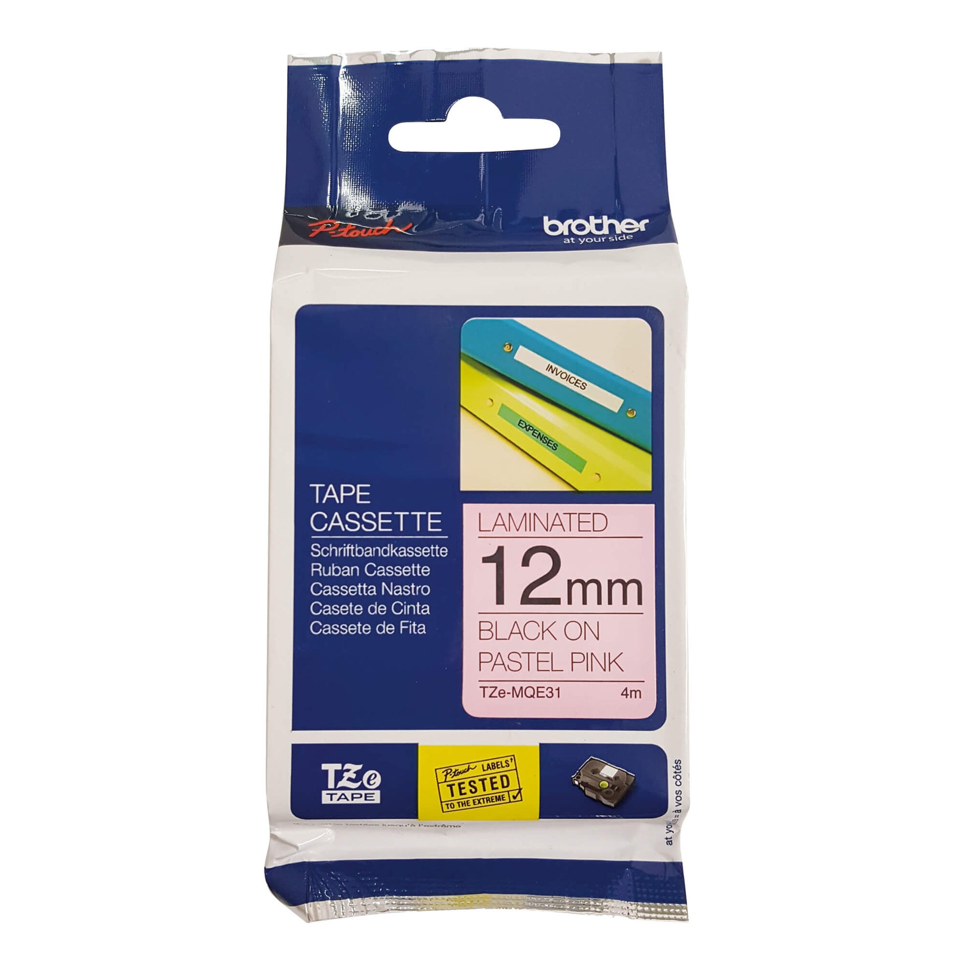 Fita Brother TZE-MQE31 12mm Preto sobre Rosa Pastel