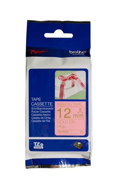 Fita Brother TZE-RE34 12mm Ouro sobre Cetim Rosa - CartuchoNet