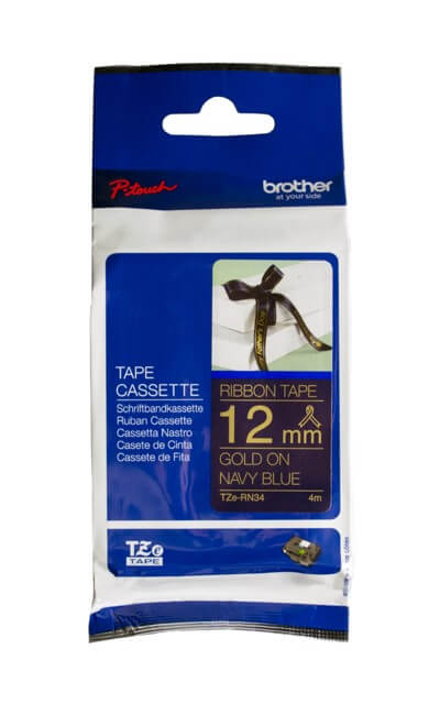 Fita Brother TZE-RN34 12mm Ouro sobre Cetim Azul Marinho - CartuchoNet